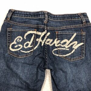 VTG Y2K Ed Hardy Denim Jean Cropped Capri Women‎ 32x22 Raw Hem Spell Out Stretch